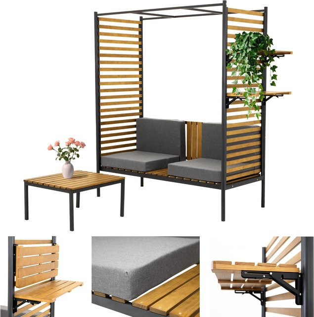 Pergola Gartenbank und Tisch Set mit Rückenlehne aus Holz und Metall für Terrasse und Garten - Bild 1