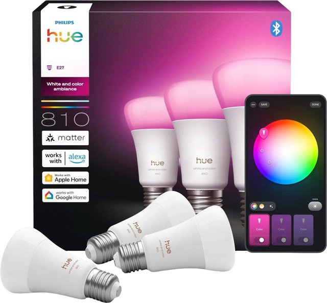 Philips Hue White & Color Ambiance LED Leuchtmittel E27 3er Set, dimmbar, RGBW, 6 W - Bild 1
