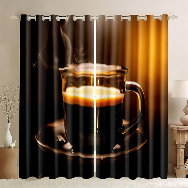 3D Verdunkelungsvorhänge mit Kaffee-Tassen-Motiv in Beige und Braun, 2er-Set aus Polyester, Breite: 50 cm, Höhe: 130 cm - Bild 1