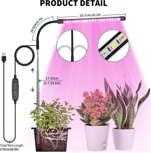 KEBINCPLED USB Pflanzenwachstumslampe mit Vollspektrum-Licht, dimmbar und mit Timer, Schwarz - Bild 1