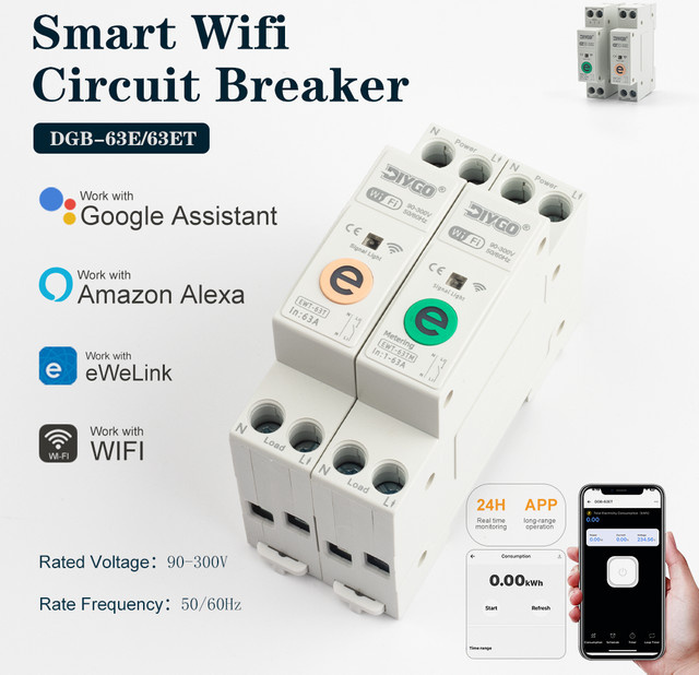 DIY GO WiFi Smart Switch 63A 1P+N Mini Leitungsschutzschalter mit Echtzeit-Überwachung, Sprachsteuerung für Google, Alexa und eWelink, Weiß - Bild 1