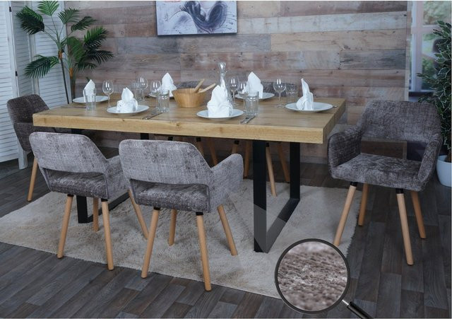 6er-Set MCW Esszimmerstühle A50 II aus Buchenholz mit braunem Chenille-Stoff und Armlehnen - Bild 1
