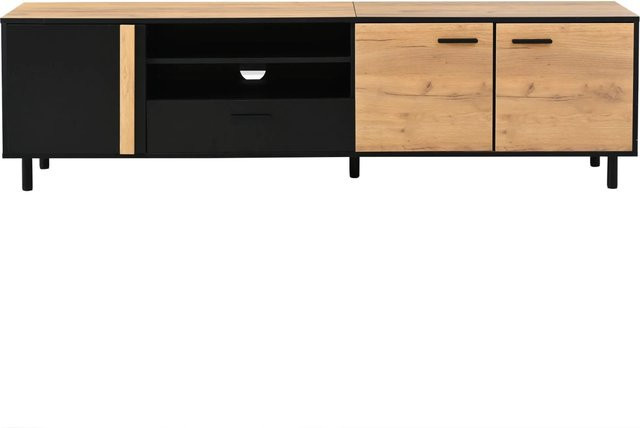 okwish TV Schrank Lowboard mit Schublade für 80 Zoll in Natur und Schwarz, modernes Wohnzimmer-TV-Möbel, B/T/H: 180 x 50 x 32,5 cm - Bild 1