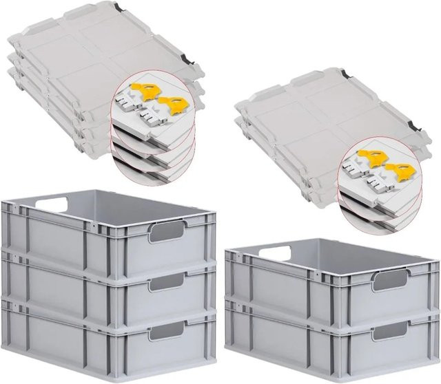 PROREGAL Spar Set 5x Eurobox Nextgen Economy mit Scharnierdeckel und gelben Schiebeschnappverschlüssen, Grau/Gelb, H x B x T: 17 x 40 x 60 cm, 34 Liter - Bild 1