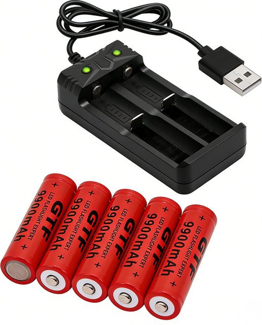 Rscrola Button Top 18650 Li-Ionen-Akku mit Ladegerät, 9900 mAh, Rot - Bild 1