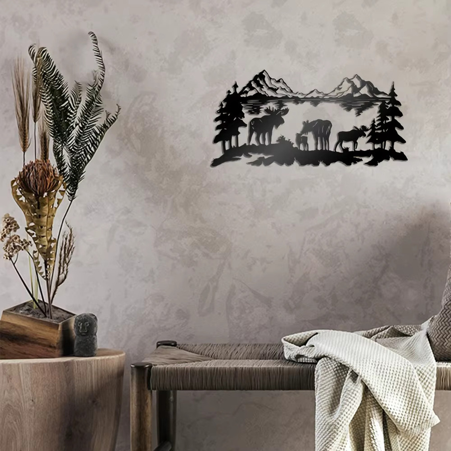 CIFBUY Elch-Familie Metall-Wandkunst in Schwarz, Rustikale Bergsee-Silhouette aus Eisen als Natur-Dekoration für dein Zuhause - Bild 3