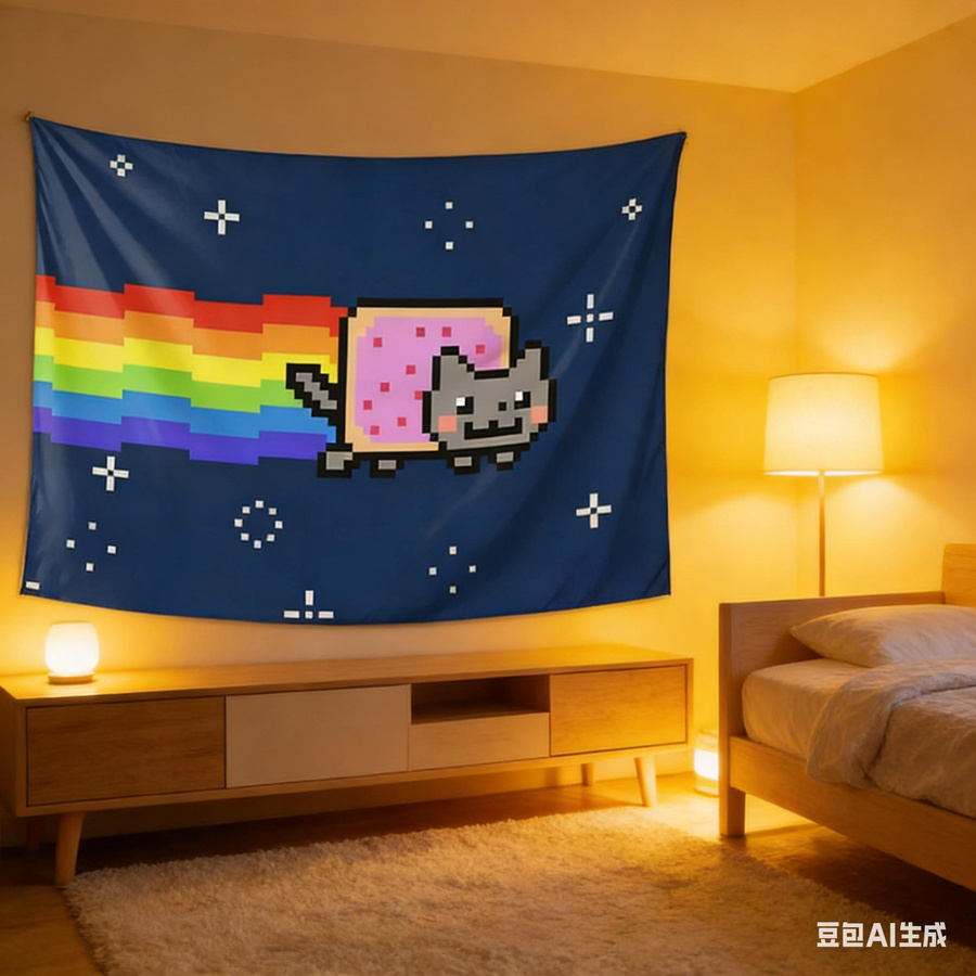 Nyan Cat Wandteppich von JMG Household Supplies, Regenbogen Pixel Katze Wandbehang in Multicolour, Retro Meme Dekoration aus Polyester, B: 60 cm, H: 40 cm - Bild 2