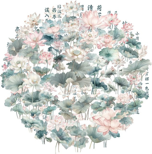 Bview Art 50 Stück Lotus-PET-Aufkleber im chinesischen Stil, wasserfeste Scrapbook-Aufkleber in Mehrfarbig für deine Dekoration - Bild 1