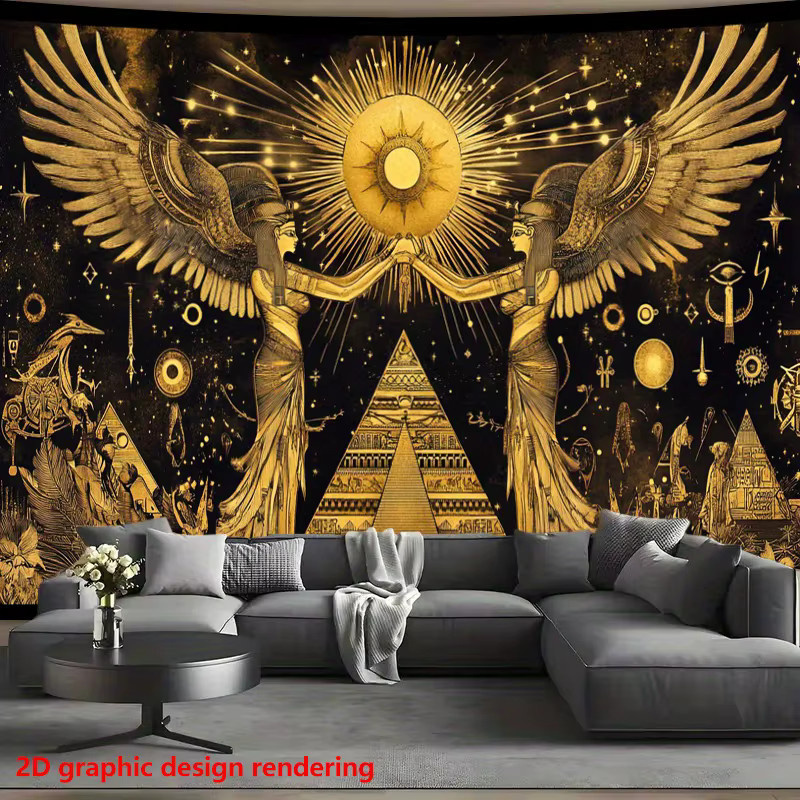 VIKAMA Wandteppich mit ägyptischer Göttin in Schwarz und Gold, Retro-Design mit Pyramide und Sonnengott-Motiv - Bild 2