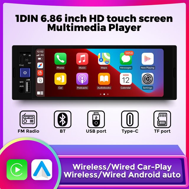 TomoStrong Universal 1DIN MP5 Auto Radio mit 6,86 Zoll HD Touchscreen, Drahtloses CarPlay und Android Auto, Bluetooth, USB, AUX und SWC, Schwarz - Bild 1