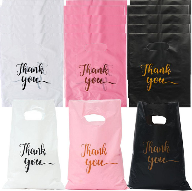 XJM Kunststoff-Verpackungsbeutel mit Thank You Aufdruck, mehrfarbig (Pink), 100 Stück flache Tragetaschen für Geschenke und Kleidung - Bild 1