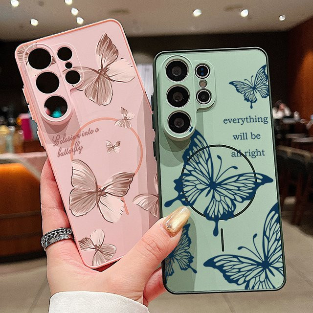 Magnetische Handyhülle mit Retro Schmetterling-Druck für Samsung Galaxy S26 S25 S24 S23 S15 A56 A55 A36 A37 A17 A16 A15 in Blau - Bild 1