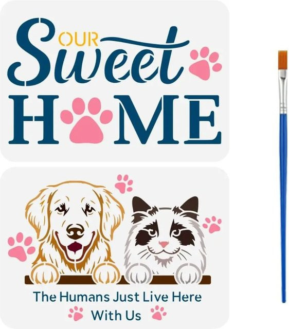 2er-Set Haustierschablonen aus PET mit Pinsel für Katzen und Hunde, Our Sweet Home Motiv, B: 29,7 cm, H: 21,1 cm - Bild 1