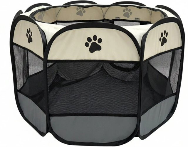 Relaxdays Welpenauslauf faltbar aus Eisen und Polyester, wetterfest, Schwarz/Grau/Beige, B: 73 cm, H: 43 cm - Bild 1