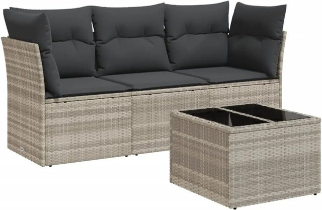 vidaXL 4-teilige Garten-Sofagarnitur in L-Form aus Poly-Rattan in Hellgrau mit Tisch und Kissen - Bild 1