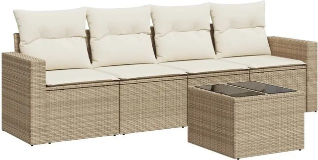 vidaXL 5-teilige Garten-Sofagarnitur in L-Form aus Poly-Rattan mit Kissen in Beige-Creme - Bild 1