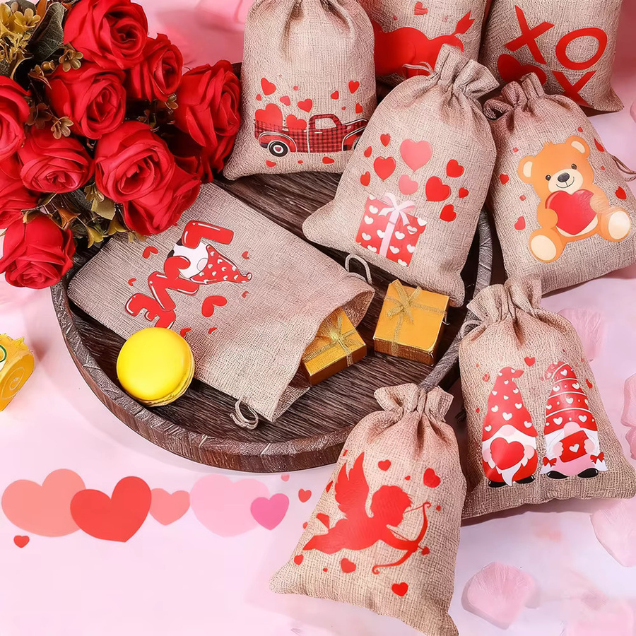 4 Stück Mini-Herz-Sackleinenbeutel aus Jute mit Kordelzug in Beige für Valentinstag, Hochzeit und Brautparty - Bild 2