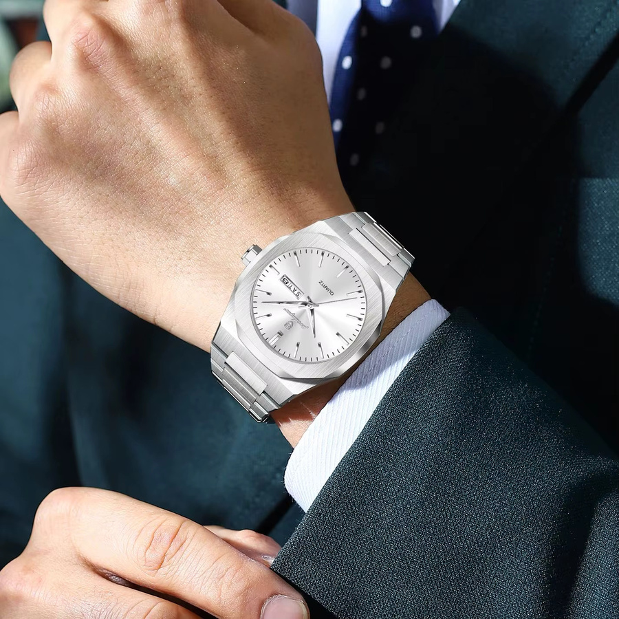 POEDAGAR Armbanduhr Edelstahl, Quarz, Silber, Herren, Datum, Wochentag - Bild 6