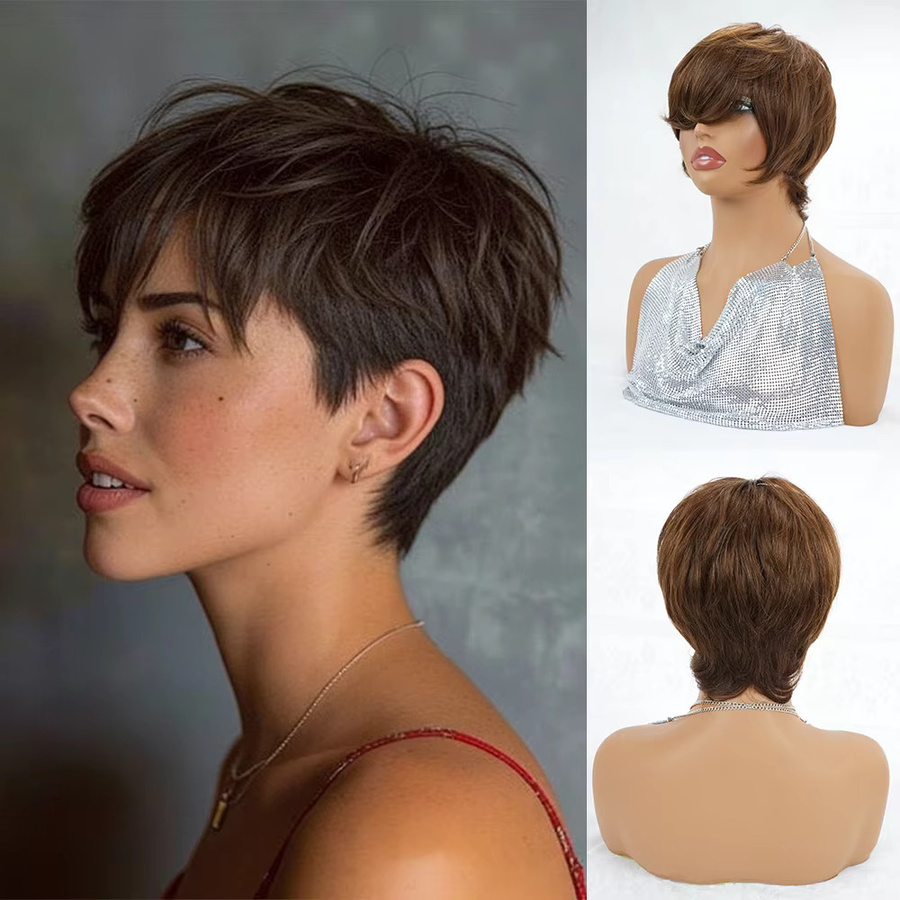 OYM HAIR Pixie-Cut-Perücke, dunkelbraun, kurzes Remy-Echthaar, 180 % Dichte - Bild 3
