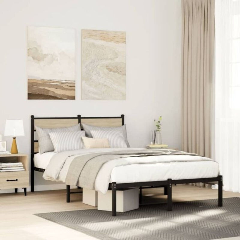 Metallbett vidaXL in Sonoma-Eichen-Optik und Schwarz, B/T/H: 120 x 200 x 91,5 cm - Bild 1