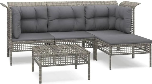 vidaXL 5-tlg Garten-Lounge-Set Modell 50 in Grau aus Poly Rattan mit Kissen und Ottoman in L-Form - Bild 1