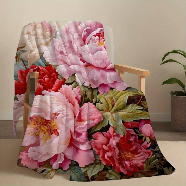 VIKAMA Überwurfdecke mit Frühlingsblüten-Pfingstrosen-Design im nordischen Stil, Mehrfarbig - Bild 1