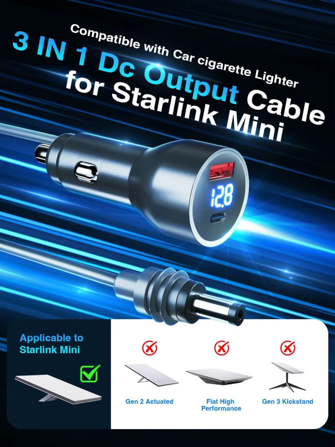 Autoladegerät für Starlink Mini mit USB-C Anschluss und Digitalanzeige, 3 Meter DC-Stromkabel als Zigarettenanzünder-Adapter, Schwarz - Bild 7