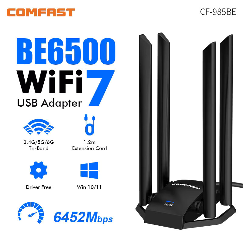 COMFAST WLAN 7 USB 3.0 Wi-Fi-Adapter mit 6500Mbps Tri-Band Unterstützung (6G/5G/2G) und 4x 5dBi Antennen in Schwarz - Bild 2