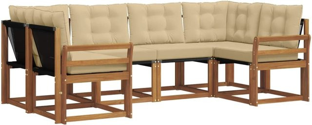 vidaXL Outdoor-Sofagarnitur 6-teilig in L-Form aus Akazienholz und Textilene, Farbe Natur-Beige mit UV-beständigen Kissen - Bild 1