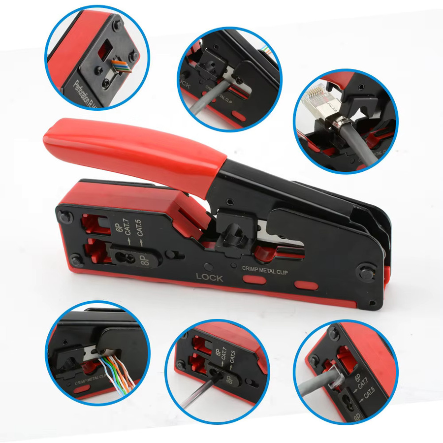 Seven Floor Cat7 RJ45 Crimpzange mit Schneid- und Abisolierfunktion für Ethernet-Kabel Cat7/6a/6/5e inklusive Ersatzklingen in Gelb und Rot - Bild 4