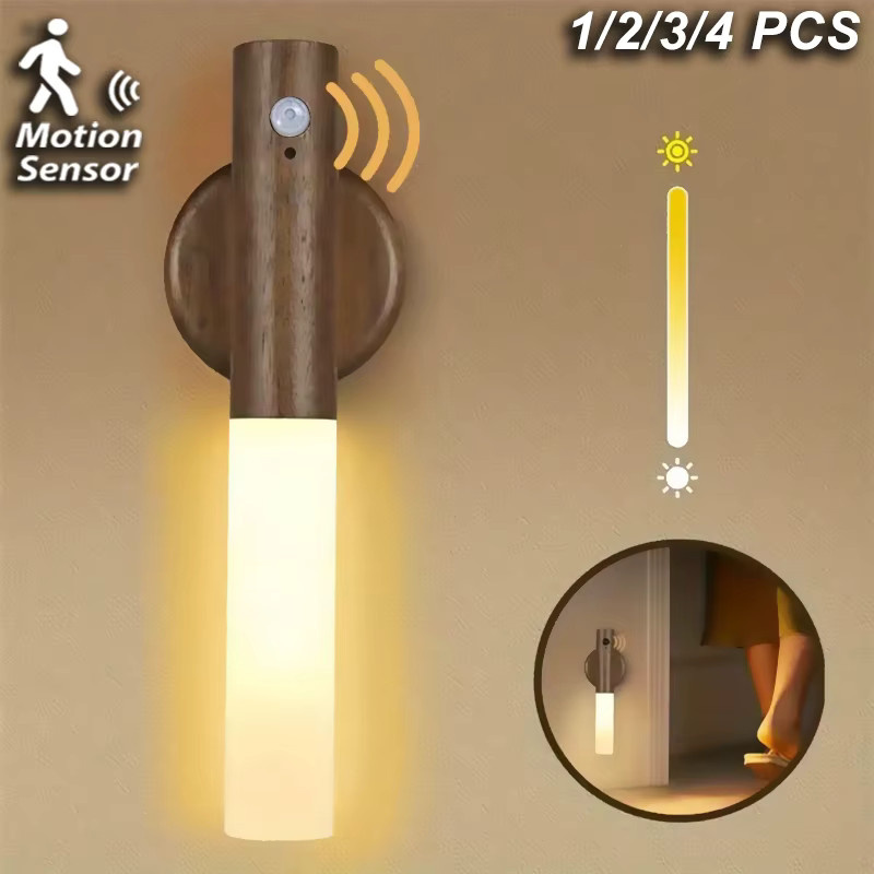LINYILIGHT LED-Nachtlicht mit Bewegungssensor, wiederaufladbare magnetische Wandleuchte in Holzoptik für Schlafzimmer, Flur und Treppen, Weiß - Bild 2