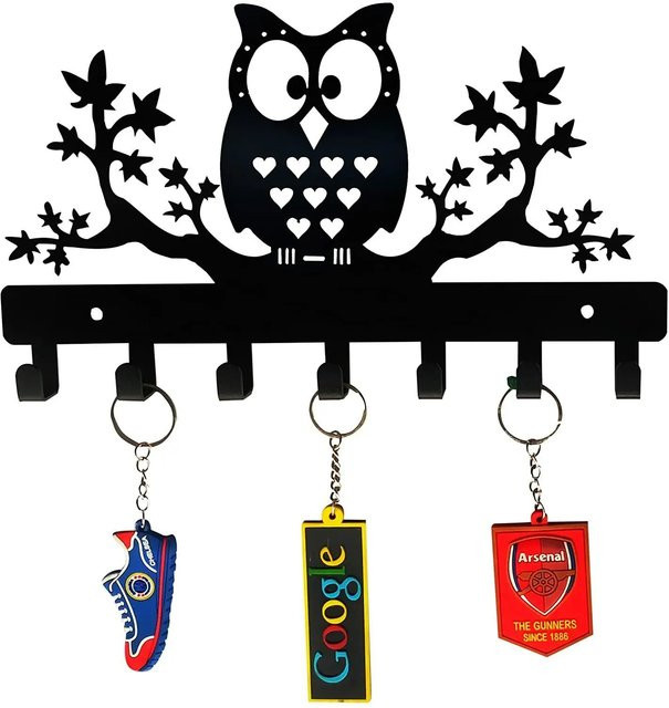 DDPNKL Schlüsselhalter aus Metall mit Eulen an Ahornbäumen und Ablage, Wandregal und Garderobe in Schwarz Matt - Bild 1