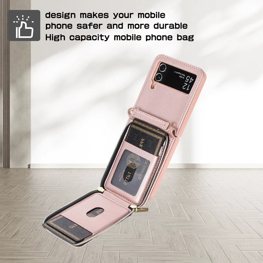 Umhängetasche aus veganem Leder für Samsung Galaxy Z Flip 5G mit Kartenhalter und Handgelenkschlaufe in Purple und Pink - Bild 2