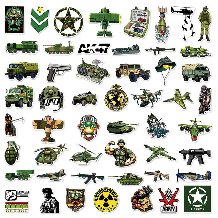 50 oder 100 Stück Cartoon Militärgeräte Aufkleber in Multicolour für Helm, Notebook und Outdoor-Ausrüstung - Bild 2