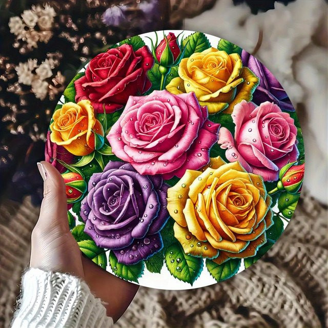 Potdemiel Rundes Metallschild mit floralem Rosen-Design in Bunt, Durchmesser: 20,32 cm - Bild 1