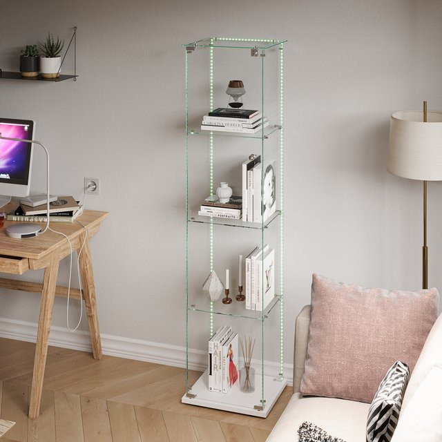 Comanlai Glas-Vitrine in Weiß mit LED-Beleuchtung, 4-stufiger moderner Sammlerschrank mit Glastüren und Schloss - Bild 1
