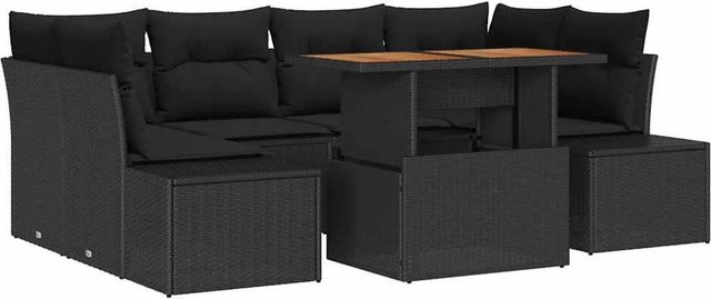 7-tlg. vidaXL Garten-Sofa-Set in U-Form aus Poly Rattan mit Polsterkissen und Speicherfunktion, Schwarz - Bild 1