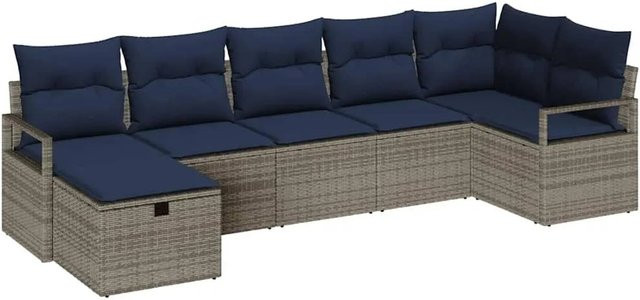 vidaXL Sofa Set aus Poly-Rattan in Grau und Marineblau, 7-teiliges L-Shape Lounge-Set mit Kissen und pulverbeschichtetem Stahlgestell - Bild 1