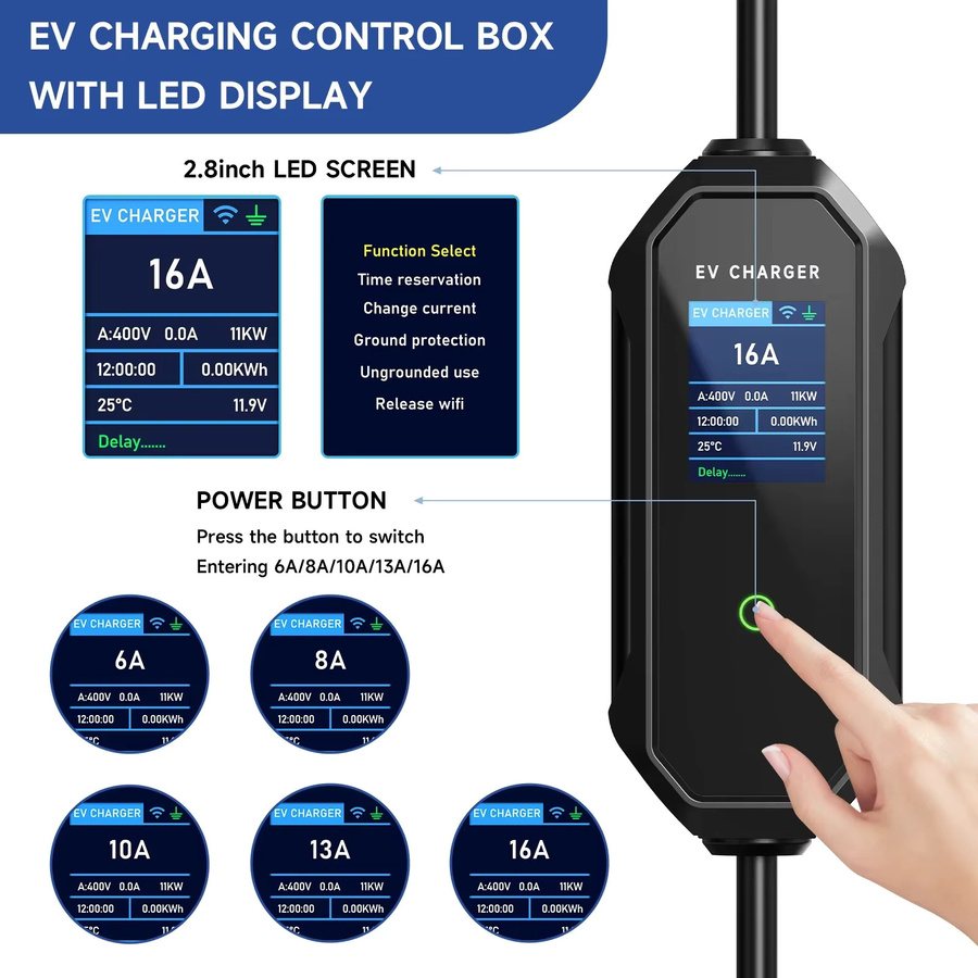 AFEEV Tragbares Typ 2 EV-Ladegerät 11 kW 16 A 3 Phasen mit WIFI APP und Bluetooth-Steuerung in Schwarz - Bild 2