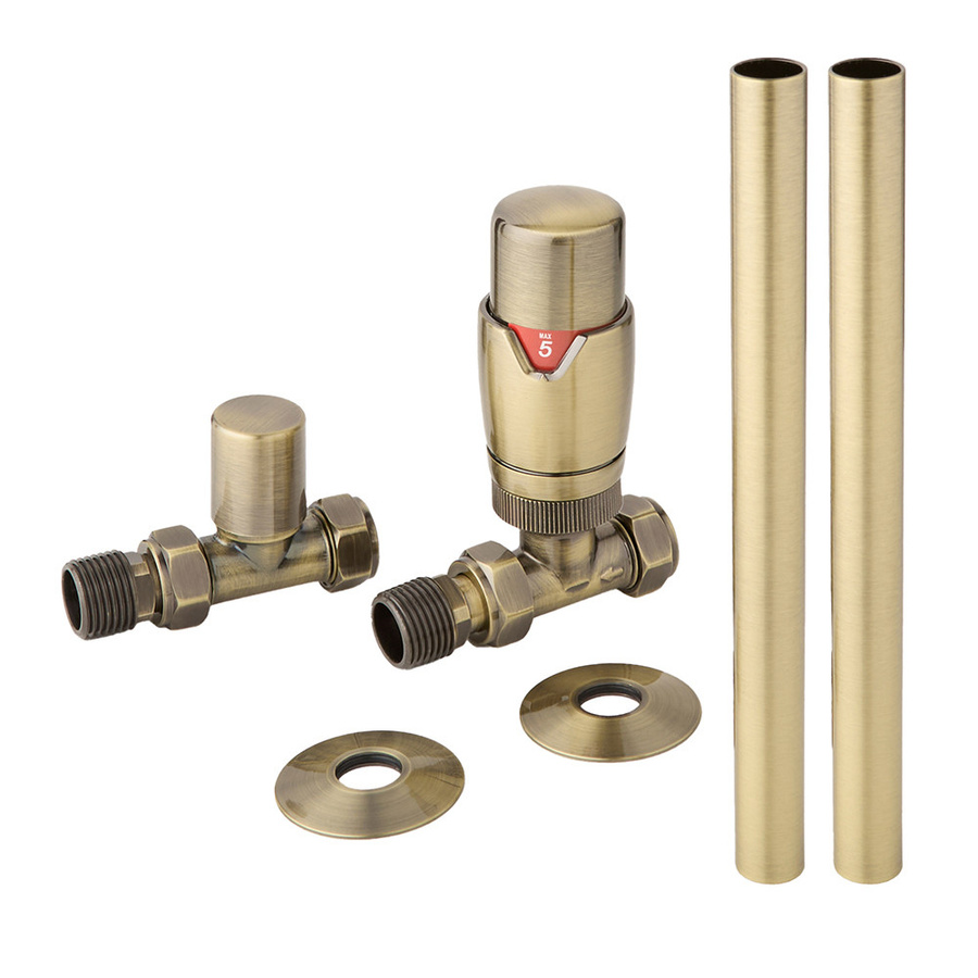 Hudson Reed Thermostatisches Durchgangsventilset mit Thermostatkopf und Rohrverbindungen, Messing, Farbe: Gebürstetes Gold, 15mm - Bild 1