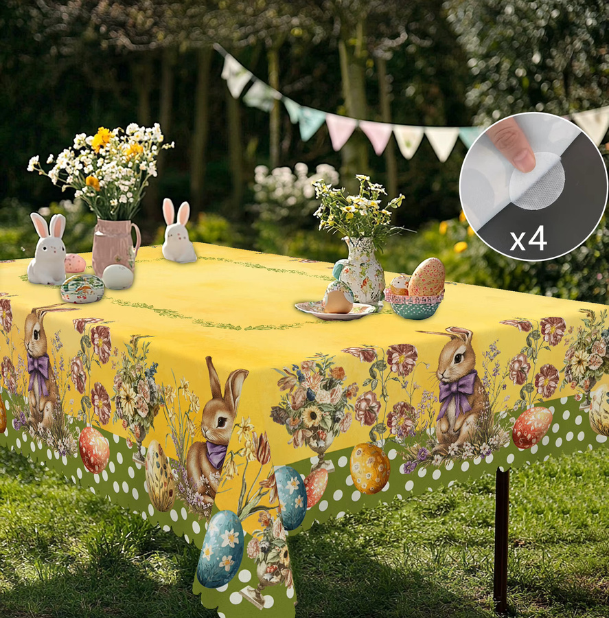 Oster-Tischdecke mit Hasenmuster und Blumen in Gelb, rund oder rechteckig aus Leinen-Polyester-Mischung - Bild 2