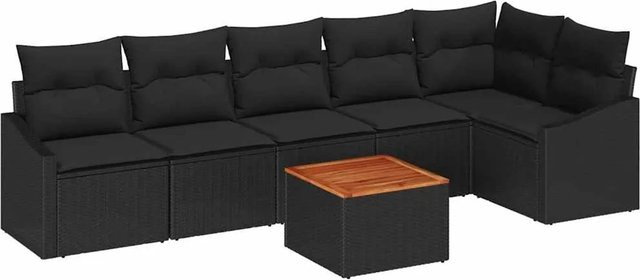 7-tlg. vidaXL Garten-Sofa-Set in L-Form mit Kissen und Tisch, Schwarz, Polyrattan und pulverbeschichtetem Stahl - Bild 1