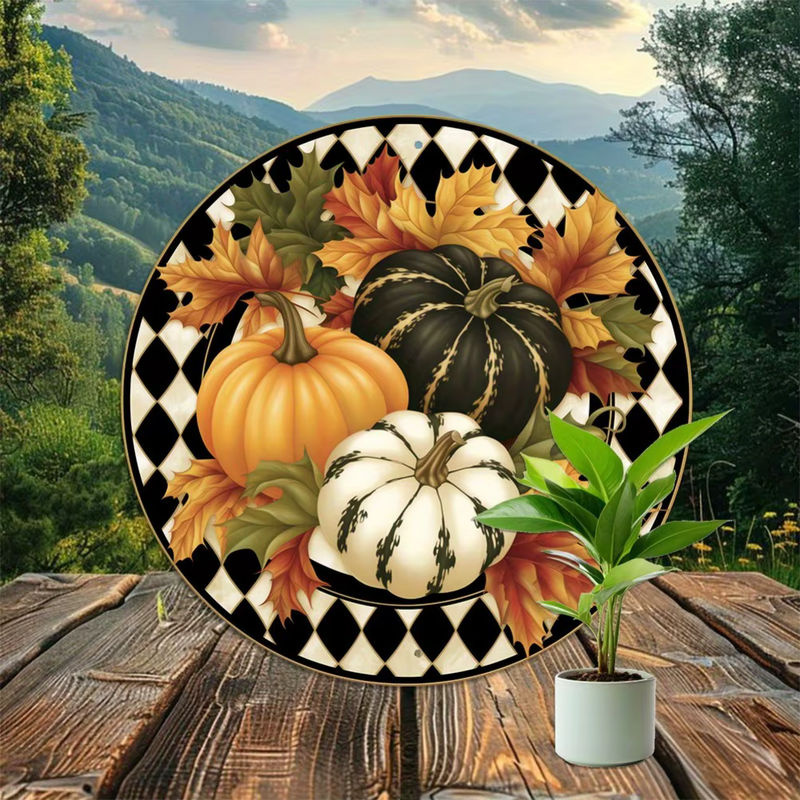 Willkommensschild Hello Young Vintage Autumn Pumpkins – runder Aluminiumkranz in mehrfarbigem Design, Durchmesser: 20,3 cm - Bild 6