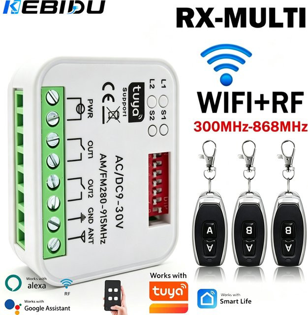 KEBIDU RX MULTI Tuya Smart Switch Modul Weiß, 2CH WLAN-Controller für Garagen- und Tortenfernbedienungsempfänger mit 300-868MHz und 433MHz/868MHz Unterstützung - Bild 1