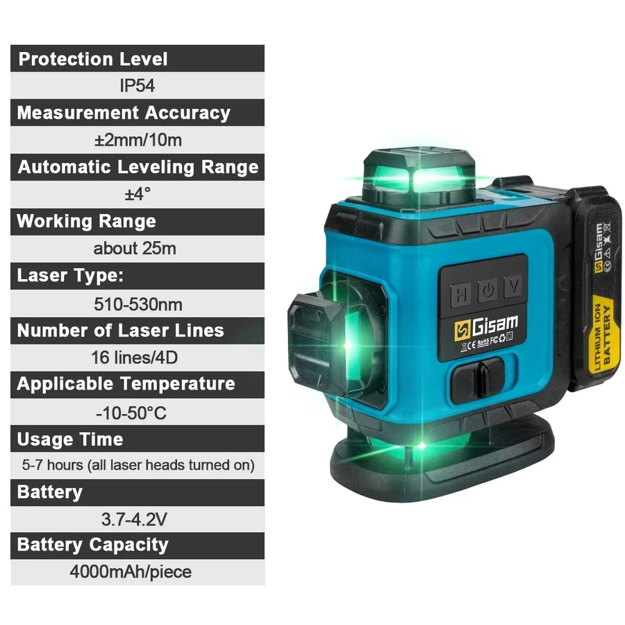 Gisam 16-Linien 4D Laser-Wasserwaage mit Stativ, selbstnivellierend, 360 Grad horizontal und vertikal, grüner Laser - Bild 2