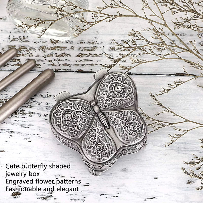 Qiilu Schmuckschatulle aus Zinklegierung in Silber mit Schmetterlings- und Blumenmuster im Vintage-Design - Bild 2