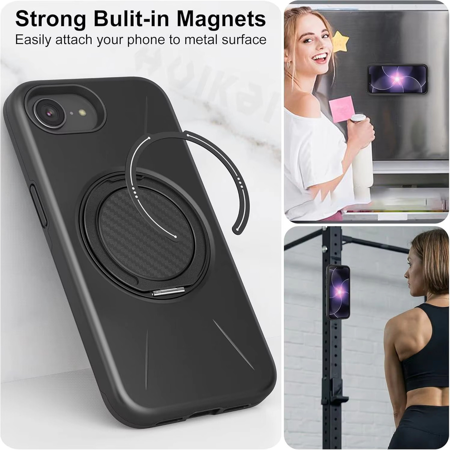 Huikai Magnetische Schutzhülle für iPhone 17e und 16e mit Ständer in Schwarz, Carbonfaser-Design, Stoßfeste TPU PC Hülle mit militärischem Schutzgrad - Bild 3