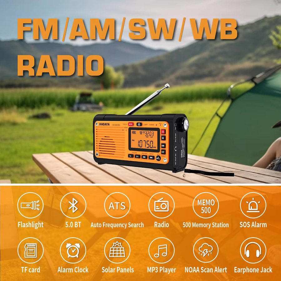 XHDATA D-608WB Notfall-Wetterradio mit Bluetooth, Kurbel und Telefonladegerät, FM/AM/SW/NOAA-Alarm, tragbares batteriebetriebenes Radio - Bild 3