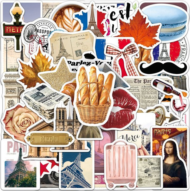 50 Stück Frankreich Reisejournal-Aufkleber mit Paris Sehenswürdigkeiten, wasserfeste Vinyl-Sticker in Multicolour für Laptop, Thermosbecher und Gepäck - Bild 1