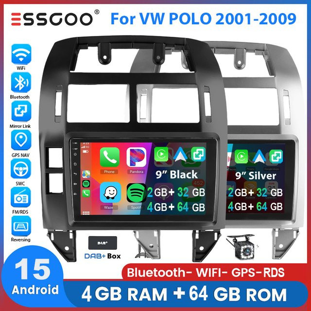 ESSGOO Android 15 Autoradio mit 9 Zoll Touchscreen für VW Polo 9N 2001-2009, Wireless CarPlay, Android Auto, GPS, WiFi, Bluetooth und Lenkradsteuerung - Bild 1
